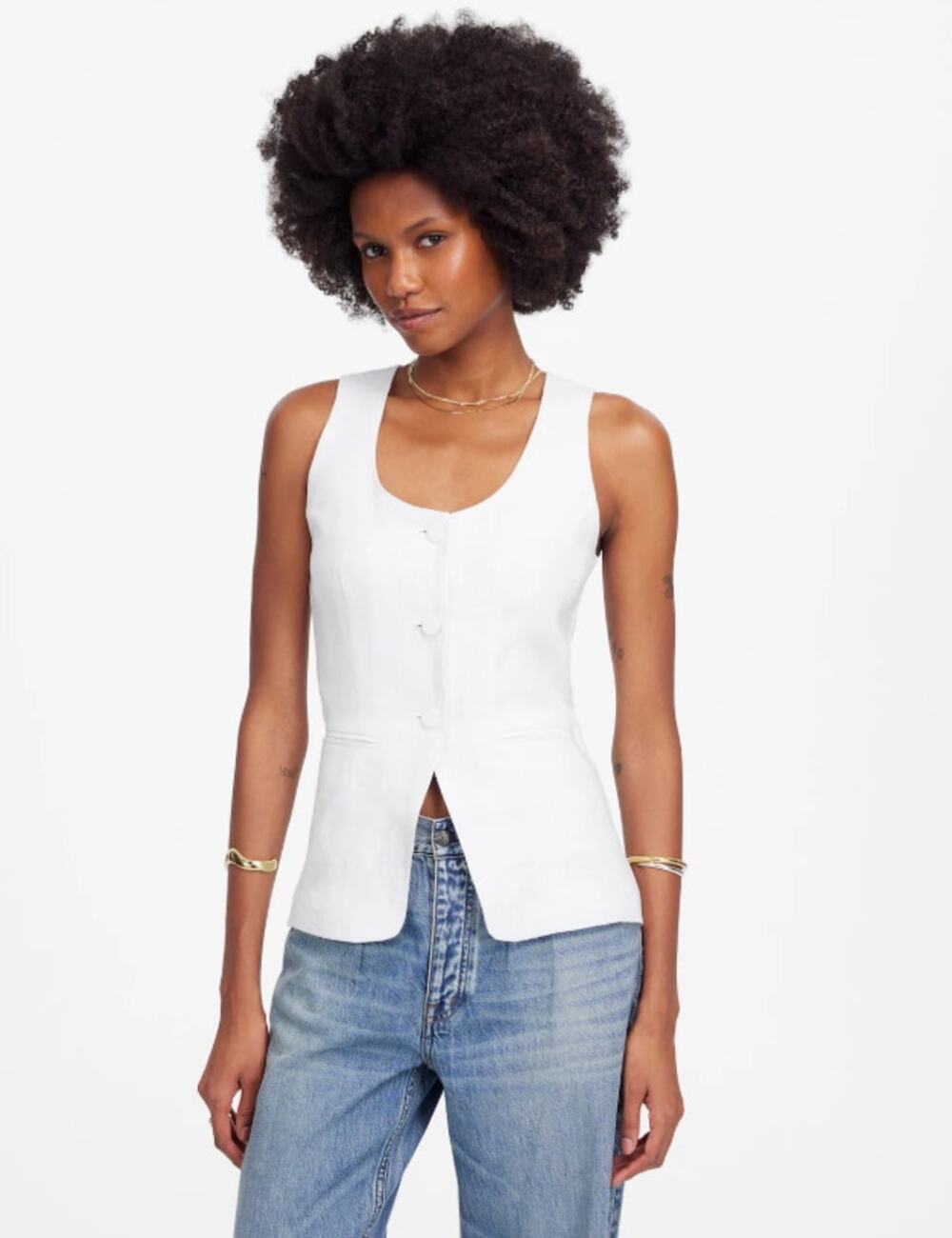 Madewell Linen Scoopneck Cutaway Vest Sz 4 White Button Front Welt Pocket NV834